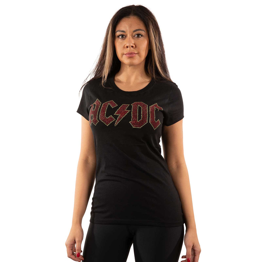 AC/DC Ladies Embellished T-Shirt: Full Colour Logo (Diamante)