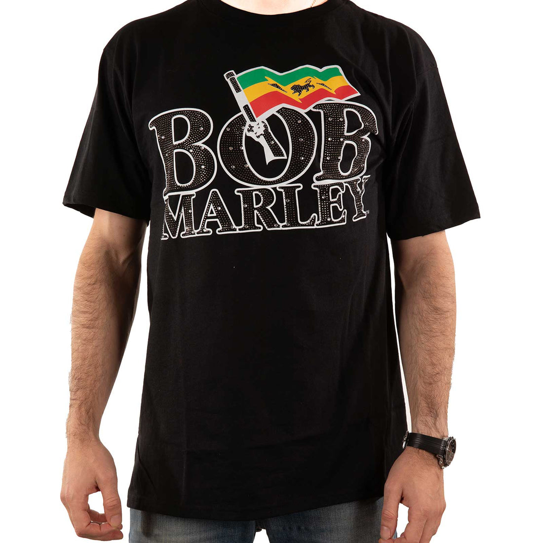 Bob Marley Unisex Embellished T-Shirt: Flag Logo (Diamante)