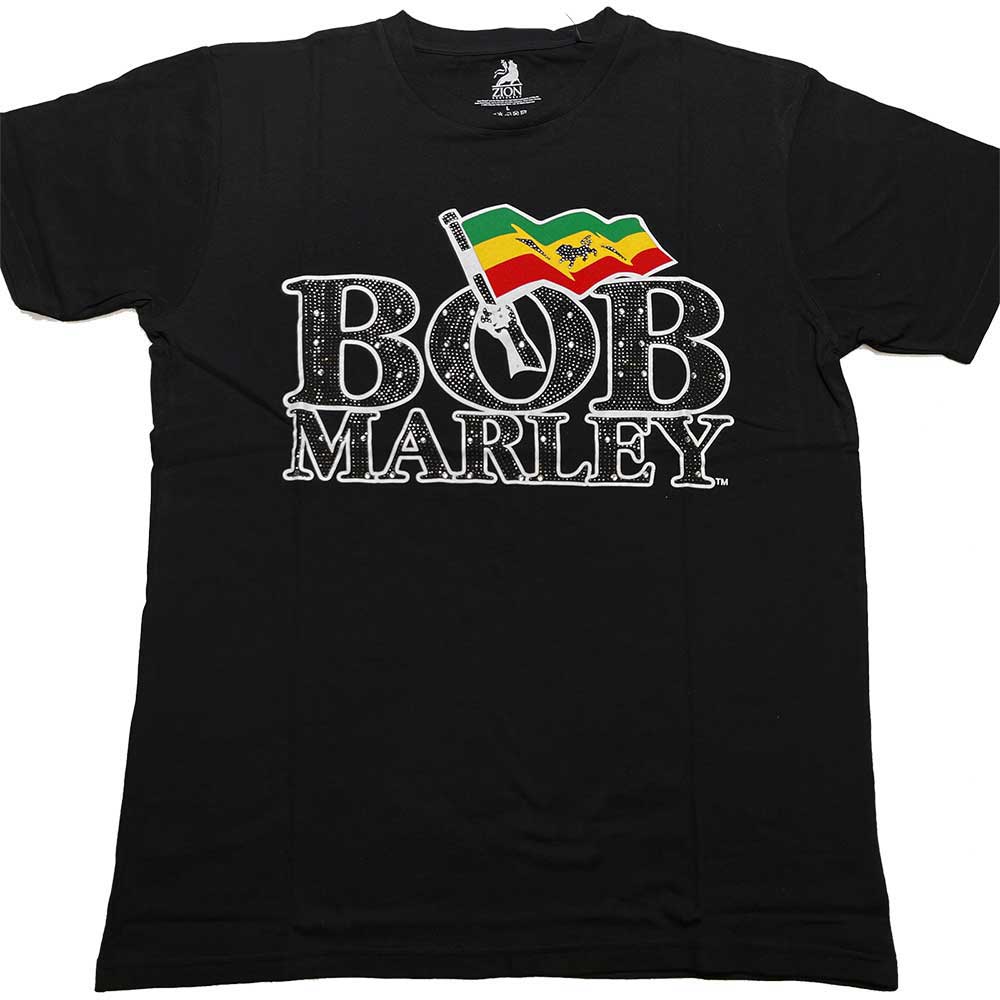 Bob Marley Unisex Embellished T-Shirt: Flag Logo (Diamante)