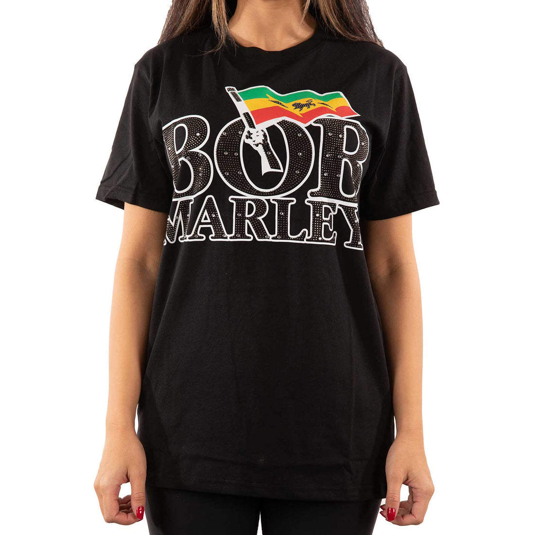 Bob Marley Unisex Embellished T-Shirt: Flag Logo (Diamante)