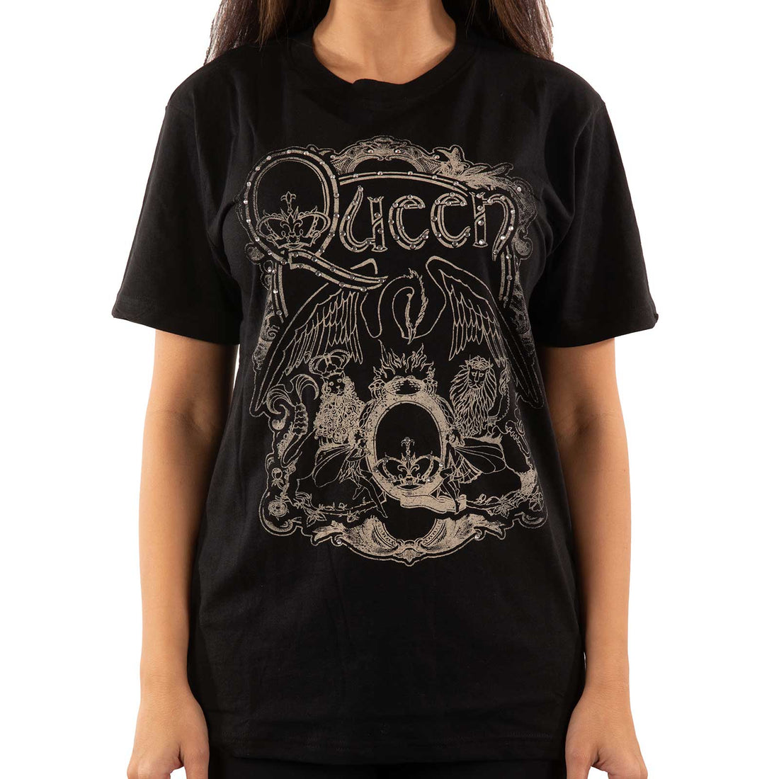 Queen Unisex Embellished T-Shirt: Ornate Crest (Diamante)