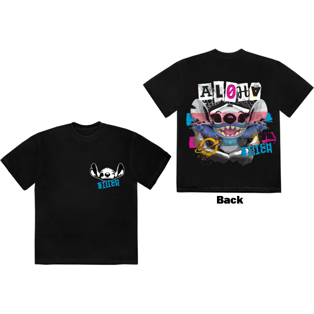 Disney Unisex T-Shirt: Stitch Aloha Collage (Black) (Back Print)
