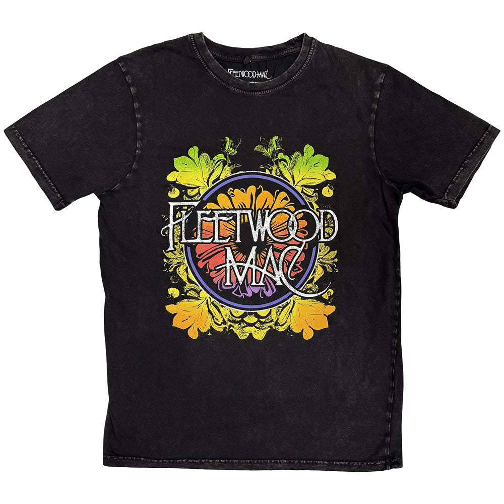 Fleetwood Mac Unisex Stone Wash T-Shirt: Circle Floral Logo (Black)