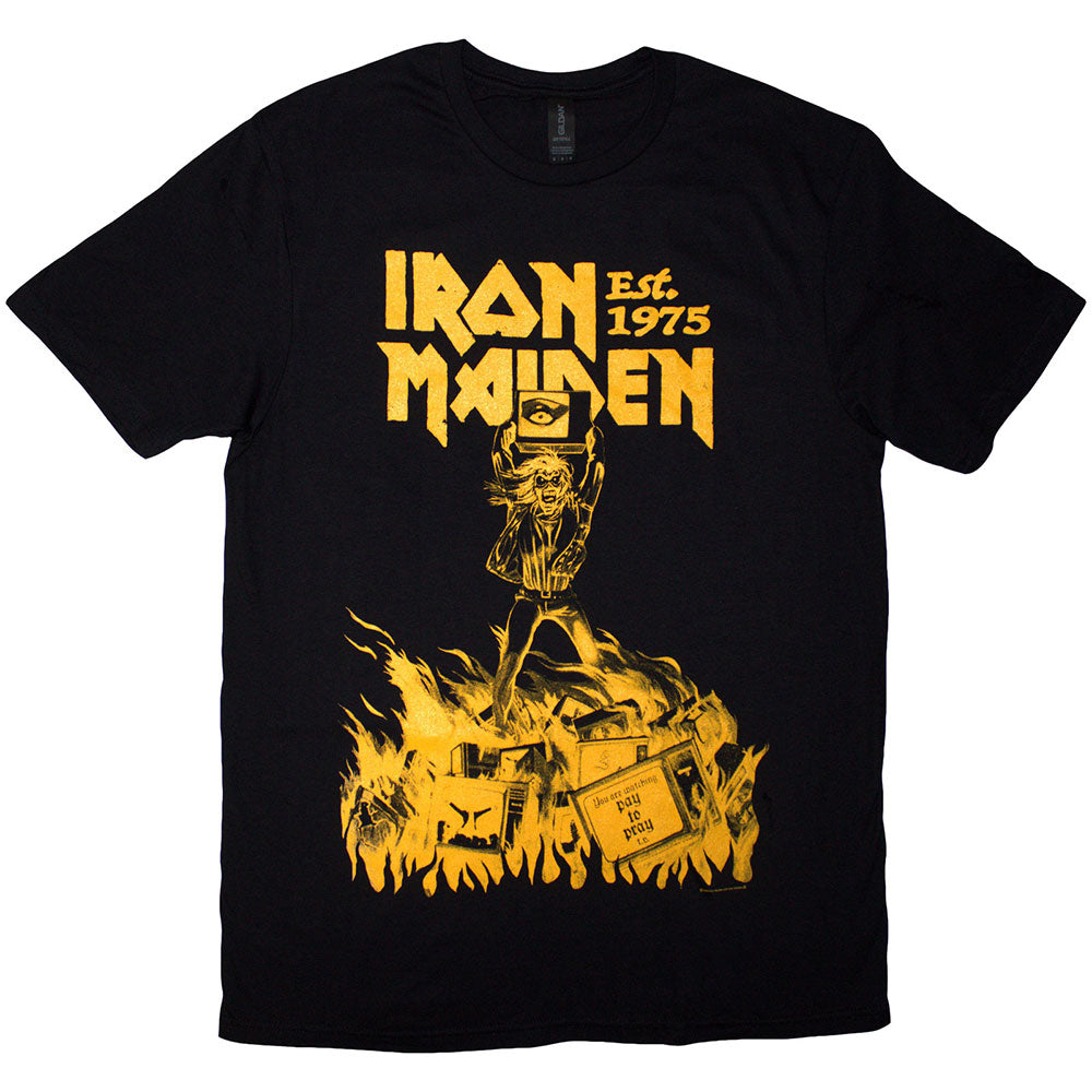 Iron Maiden Unisex T-Shirt: Est. 1975 Holy Smoke Jumbo Yellow (Black)