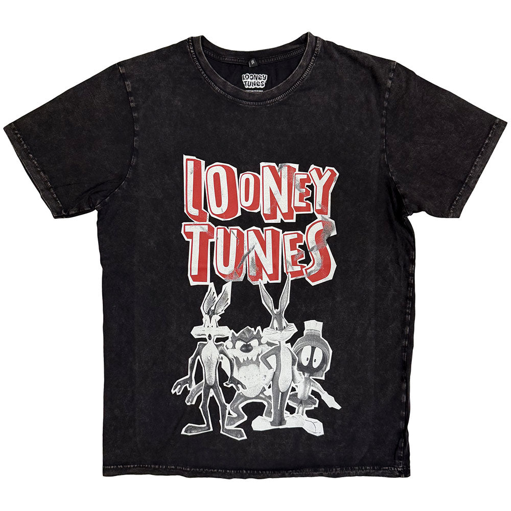 Looney Tunes Unisex Stone Wash T-Shirt: Characters Black & White (Black)