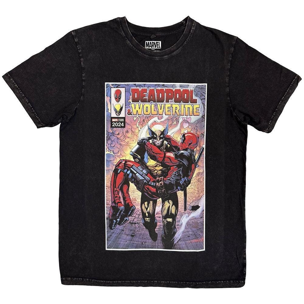 Marvel Comics Unisex Stone Wash T-Shirt: Wolverine Carrying Deadpool (Black)