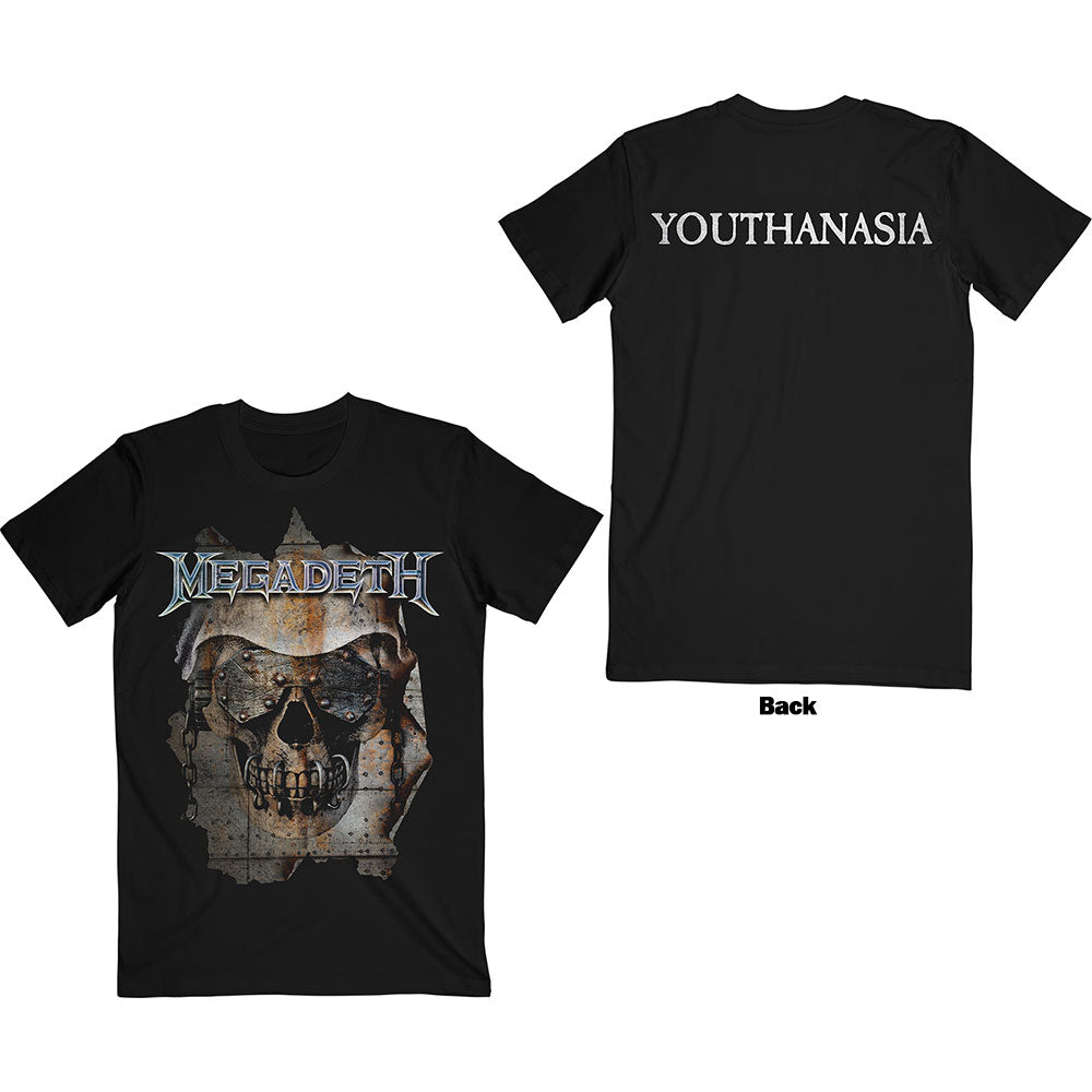 Megadeth Unisex T-Shirt: Youthanasia Ripped Thru (Black) (Back Print)