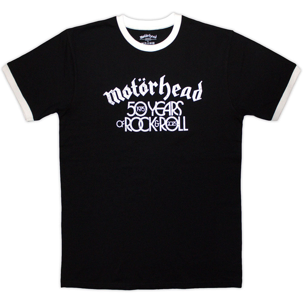 Motorhead Unisex Ringer T-Shirt: 50 Years Text Lock Up Ringer (Black)