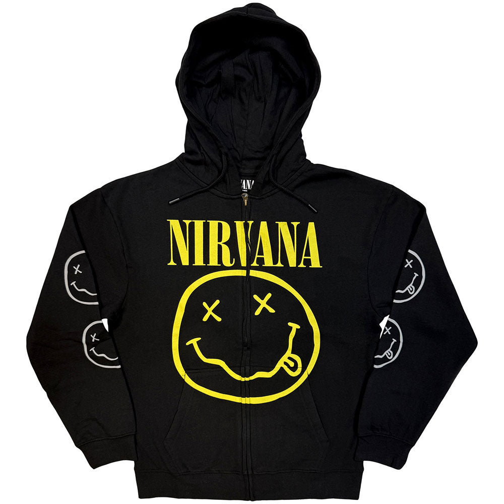 Nirvana Unisex Zipped Hoodie: Yellow Happy Face (Black)