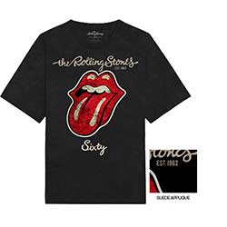 The Rolling Stones Ladies T-Shirt: Sixty Plastered Tongue (Suede Applique)