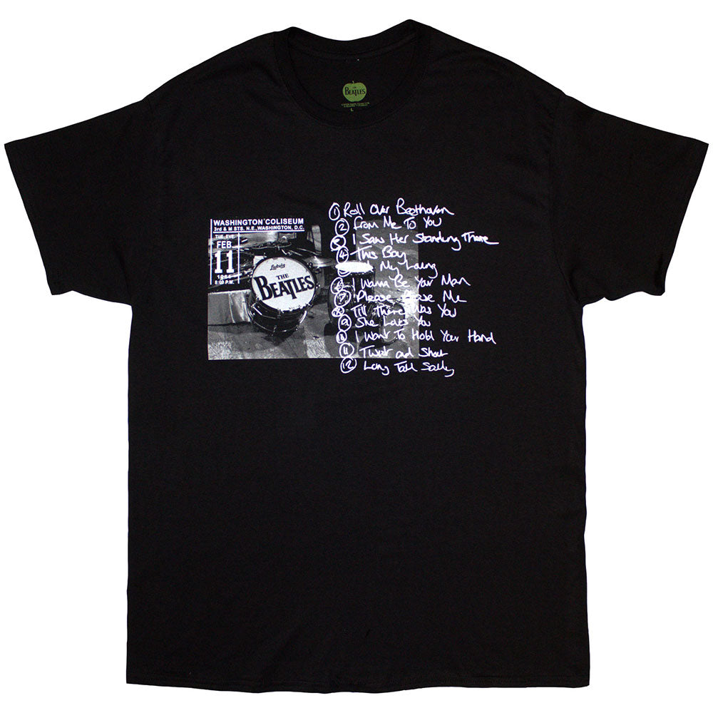 The Beatles Unisex T-Shirt: Washington '64 Drum Photo & Setlist (Black)