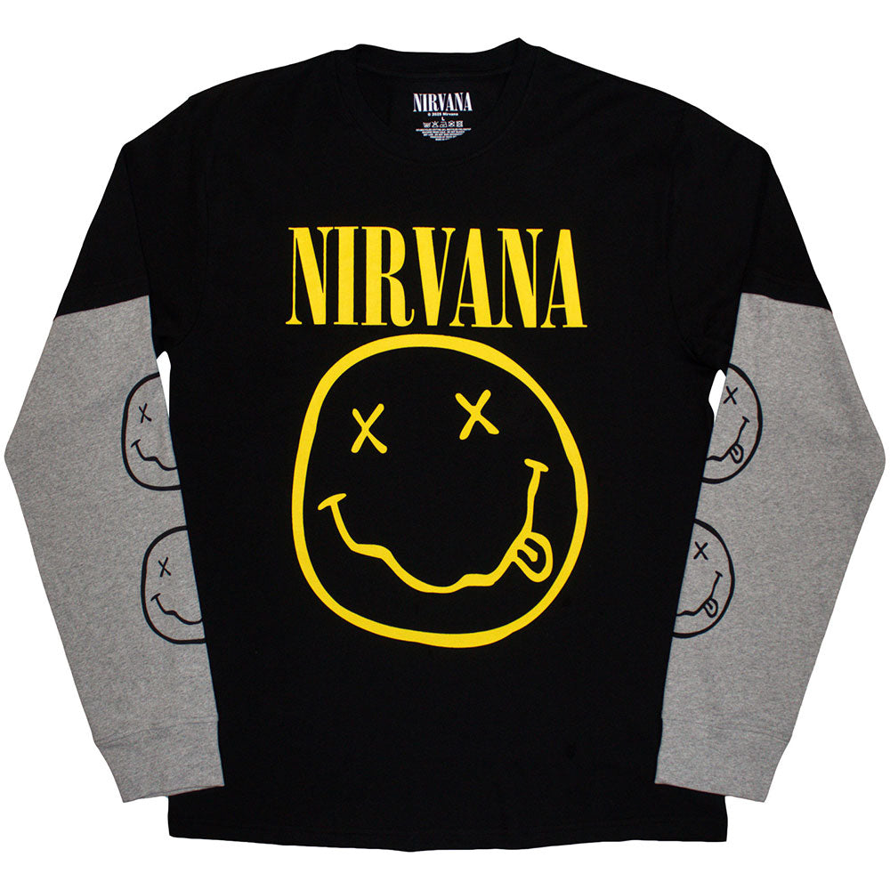 Nirvana Unisex Layered Long Sleeve T-Shirt: Yellow Happy Face (Black & Grey) (Sleeve Print)