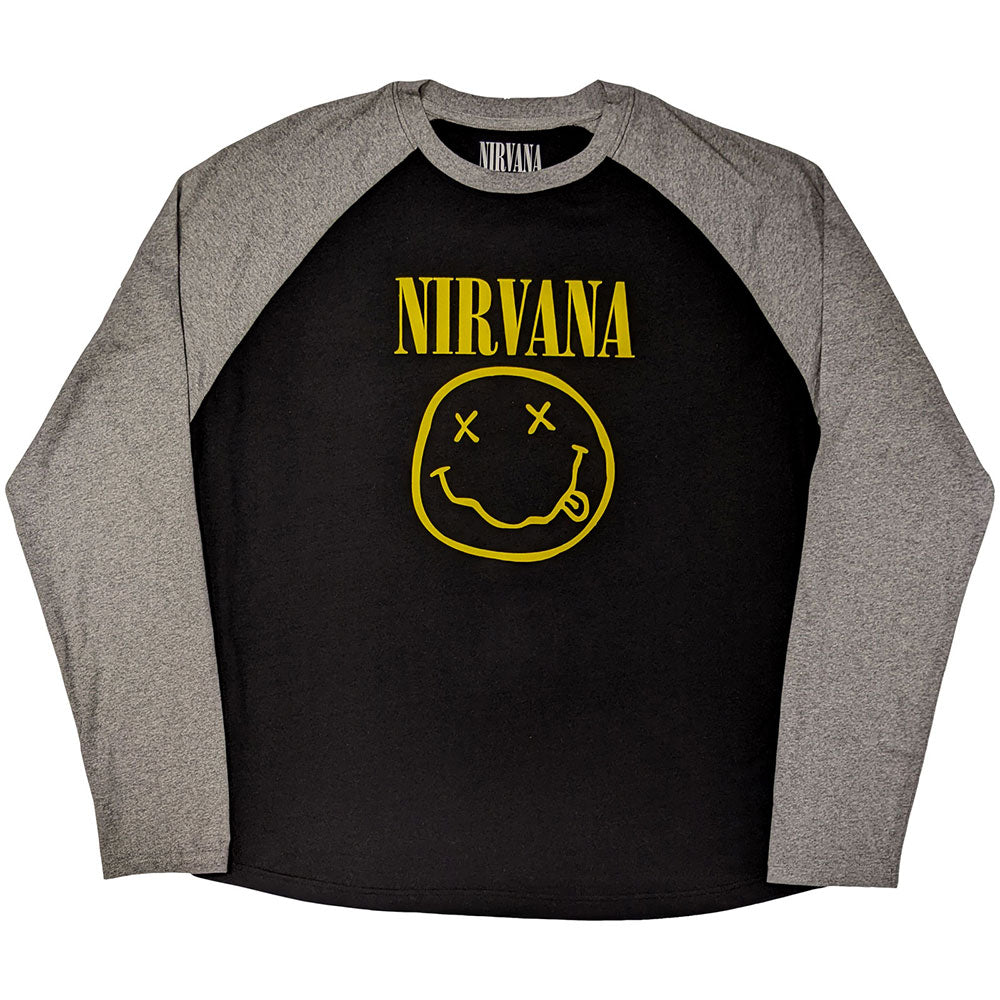 Nirvana Unisex Raglan T-Shirt: Yellow Happy Face (Black & Grey)