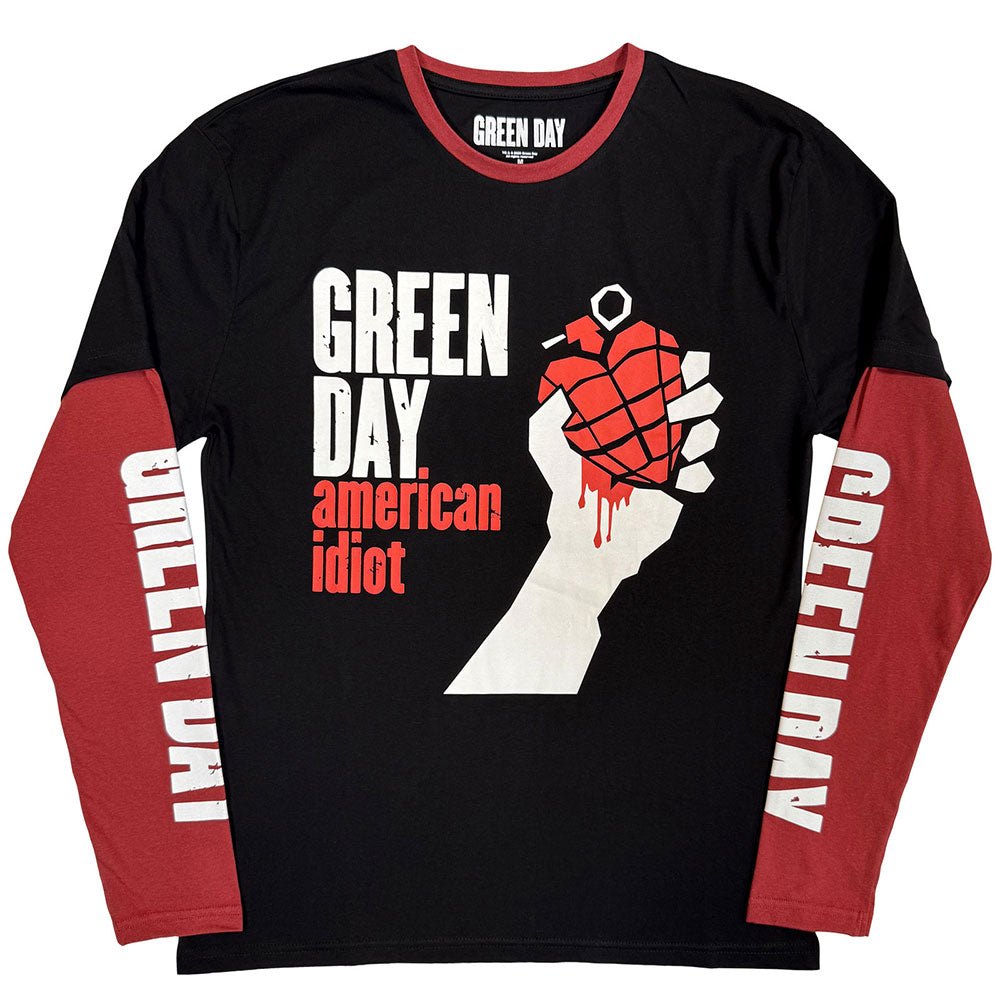 Green Day Unisex Layered Long Sleeve T-Shirt: American Idiot (Black & Red) (Sleeve Print)