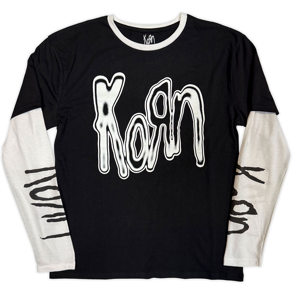 Korn Unisex Layered Long Sleeve T-Shirt: Metallic Logo (Black & White) (Sleeve Print)