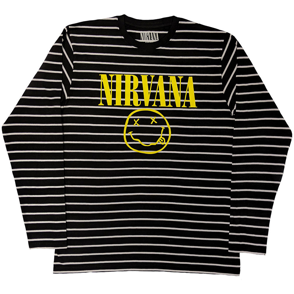 Nirvana Unisex Sweatshirt: Yellow Happy Face Striped (Black & White)