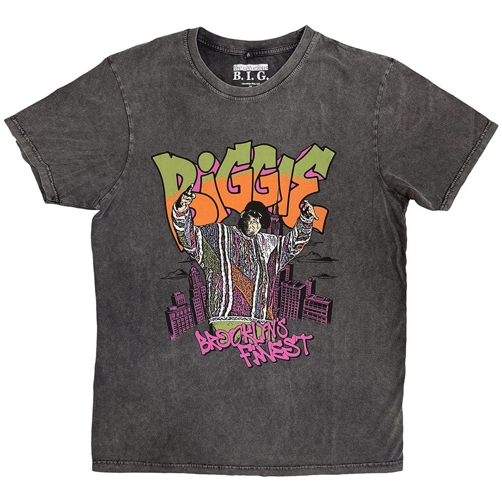 Biggie Smalls Unisex Stone Wash T-Shirt: Cartoon Graffiti (Charcoal Grey)