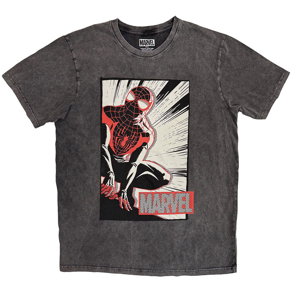 Marvel Comics Unisex Stone Wash T-Shirt: Spider-Man Crouch Cartoon (Charcoal Grey)