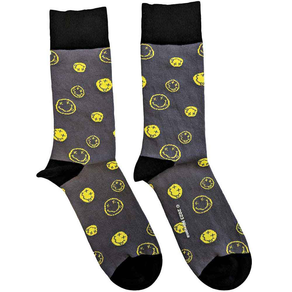 Nirvana Unisex Ankle Socks: Mixed Happy Faces (Charcoal Grey) (UK Size 4 - 7)