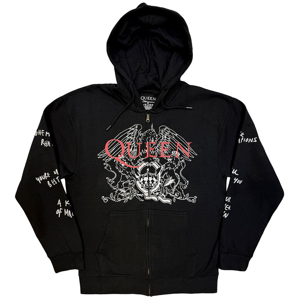 Queen Unisex Zipped Hoodie: Logo & Crest Outline (Charcoal Grey)