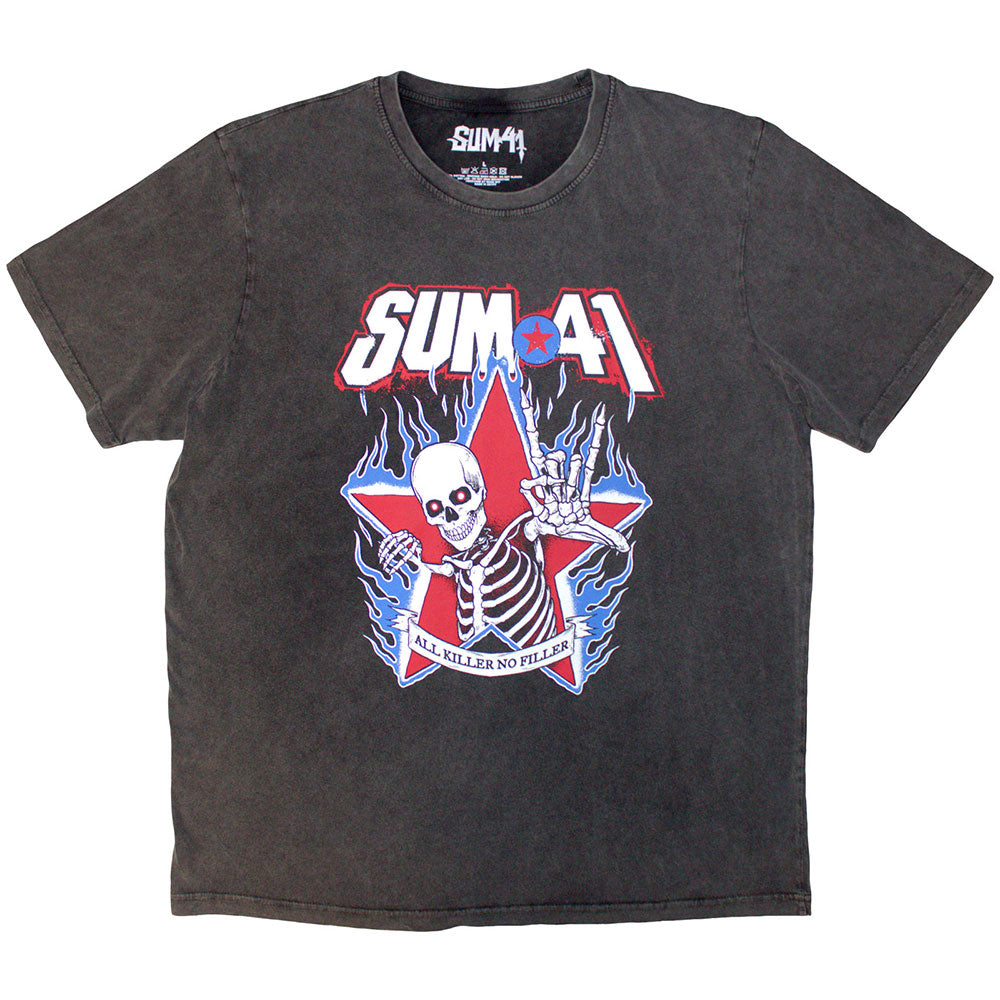 Sum 41 Unisex Stone Wash T-Shirt: All Killer No Filler Skeleton (Charcoal Grey)
