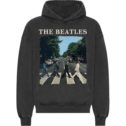 The Beatles Unisex Stone Wash Pullover Hoodie: Abbey Road & Logo (Charcoal Grey)