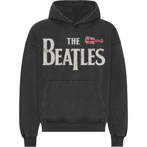 The Beatles Unisex Stone Wash Pullover Hoodie: Guitar & Drop T (Charcoal Grey)