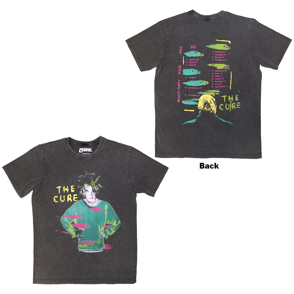 The Cure Unisex Stone Wash T-Shirt: Beach Party Tour '86 (Charcoal Grey) (Back Print)