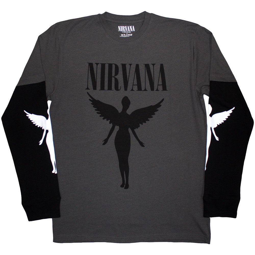 Nirvana Unisex Layered Long Sleeve T-Shirt: In Utero Mono (Charcoal Grey & Black) (Sleeve Print)