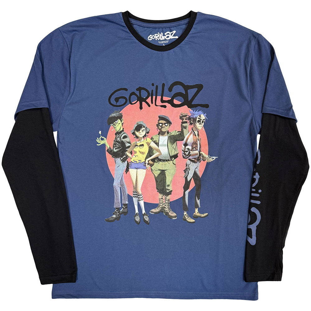 Gorillaz Unisex Layered Long Sleeve T-Shirt: Group Circle Rise (Denim Blue & Black) (Sleeve Print)
