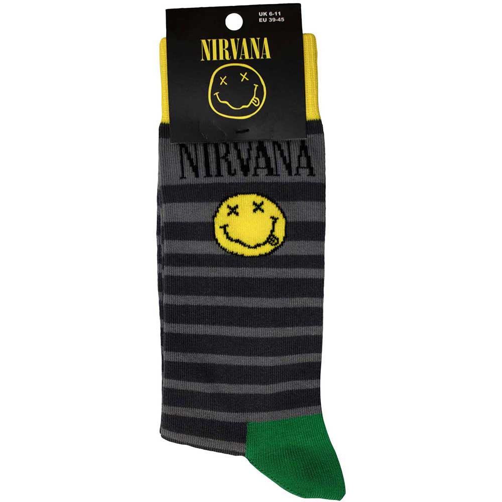 Nirvana Unisex Ankle Socks: Happy Face & Logo Stripes (UK Size 6 - 11)