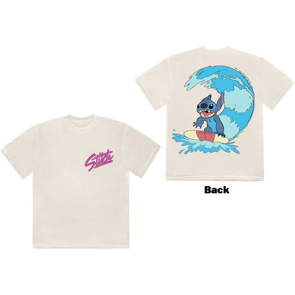 Disney Unisex T-Shirt: Stitch Surf (Natural) (Back Print)