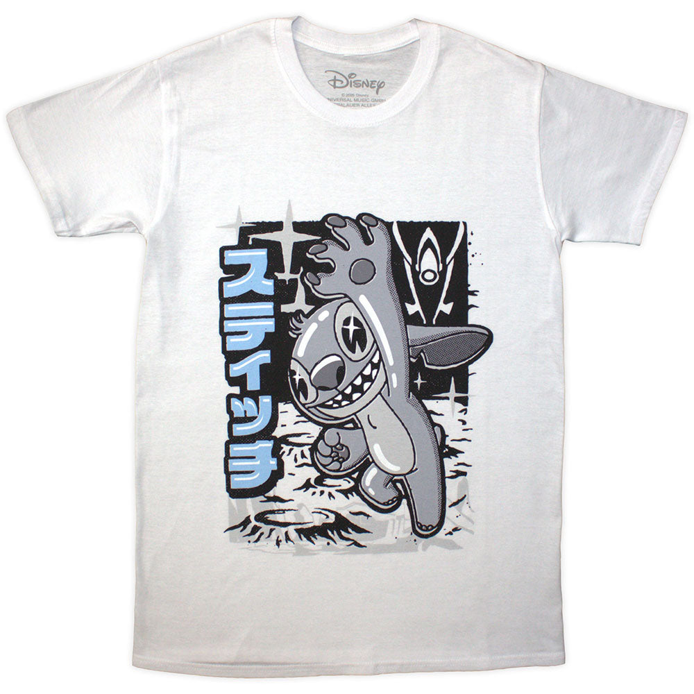 Disney Unisex T-Shirt: Stitch Jump Black & White (White)