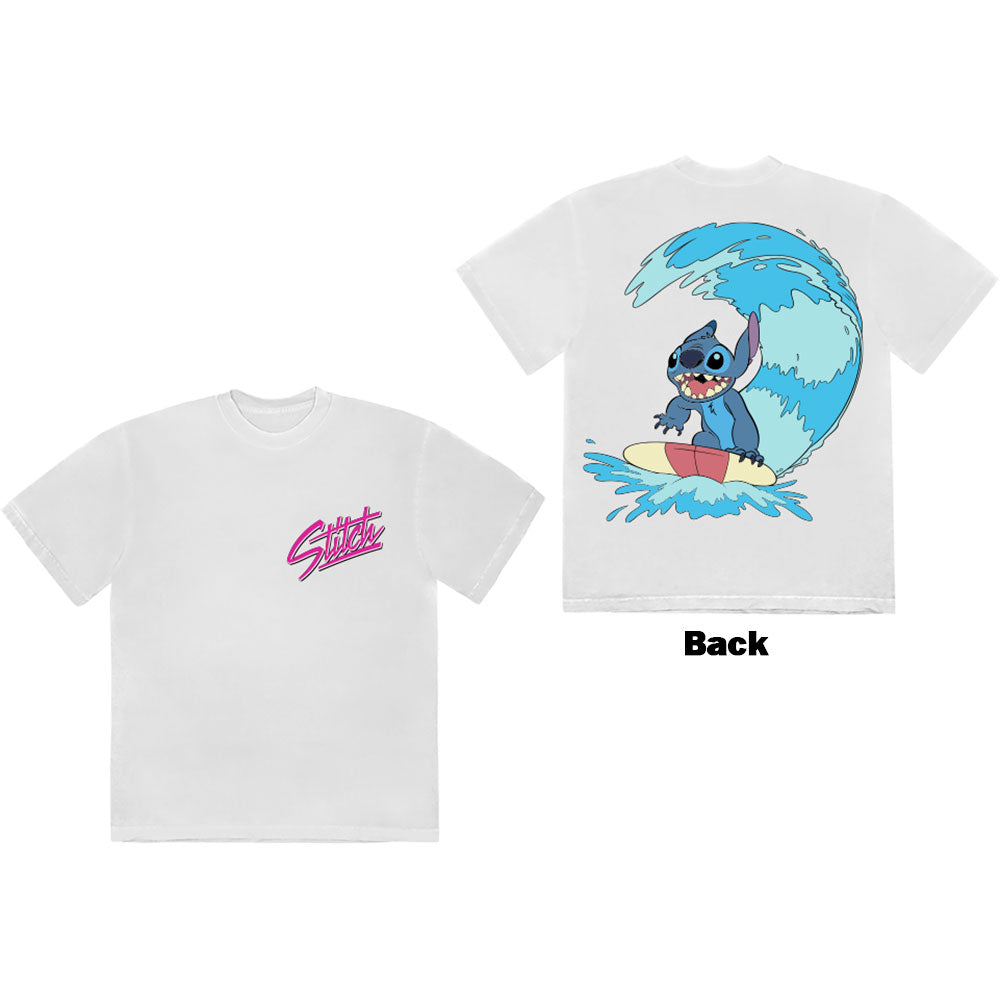 Disney Unisex T-Shirt: Stitch Surf (White) (Back Print)
